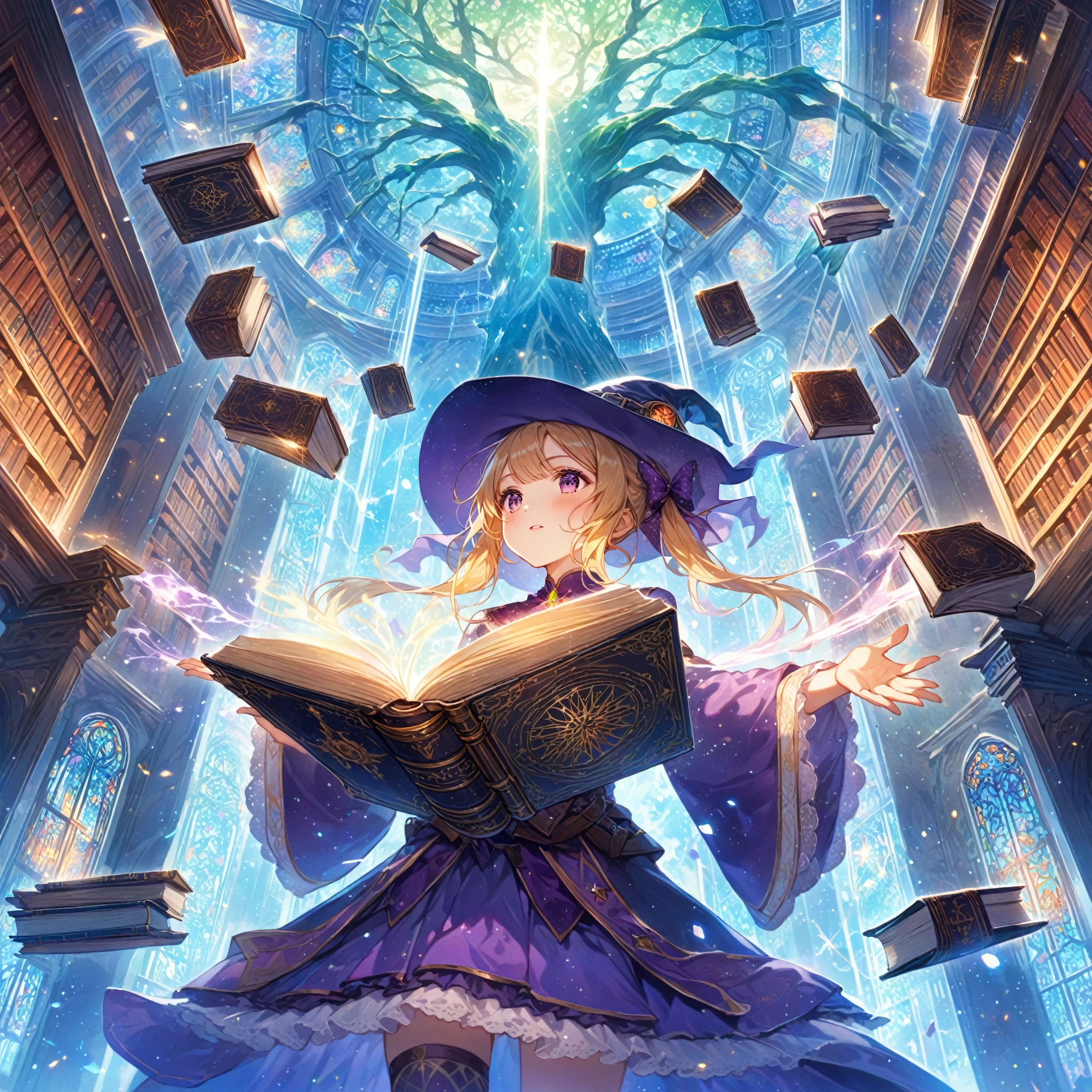 masterpiece, best quality, high resolution, extremely detailed CG, absurdres, 1girl, solo, In a magical space, behind the vertical inlaid glass windows is the huge and ancient Tree of Wisdom, multiple bookcases are floating in the air, a blonde twinailed girl wearing a witch hat stands in the middle of the room in a purple costume, she opening her hands, in front of her is a heavy book, the pages of which are turning and glowing with light, and glowing magical words are flying out of it, and the books are floating around her in an orderly manner. The pages are turning and glowing, glowing magical words are flying out of the book, and many books are floating around her in an orderly fashion, (((best hands))), score_9, score_8_up, score_7_up, source_anime
