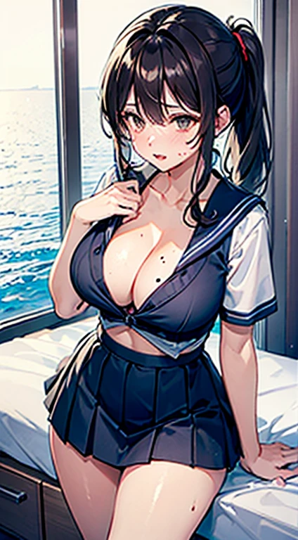 wife,Single ponytail on the side,Dark brown hair,There is a mole under the left eye,((((Large Breasts、Low-cut,Cleavage, Wide hips,)))(Long legs) (Wide hips)),tall and big,Wearing a blue and white sailor suit,Black mini pleated skirt,Room Bed,,女sex生殖器官的形状清晰可见,There are deep lip marks on,Not wearing a bra,Clothes are soaked,Sweat,sex,Desire Dissatisfaction,Sperm outflow,Bare legs,A look of disgust