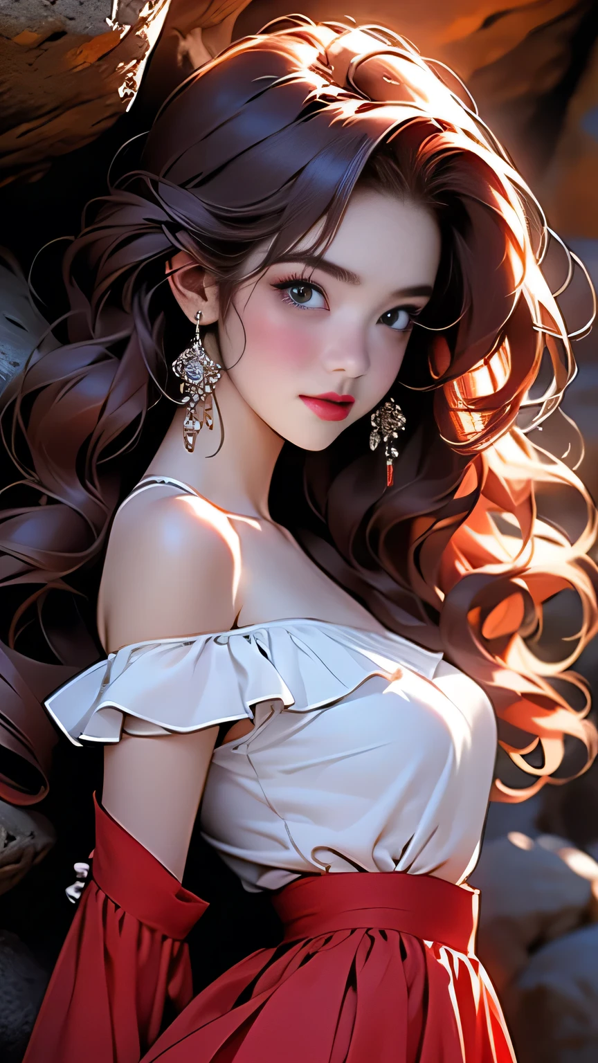 1girl, (White off-shoulder)、(Blue frilled skirt mini)､(Woman with long red hair), ((Skirt lift up))､ (Face close-up)､masterpiece, 最high quality, high quality, High resolution, (In a dimly lit cave), ((Face close-up))