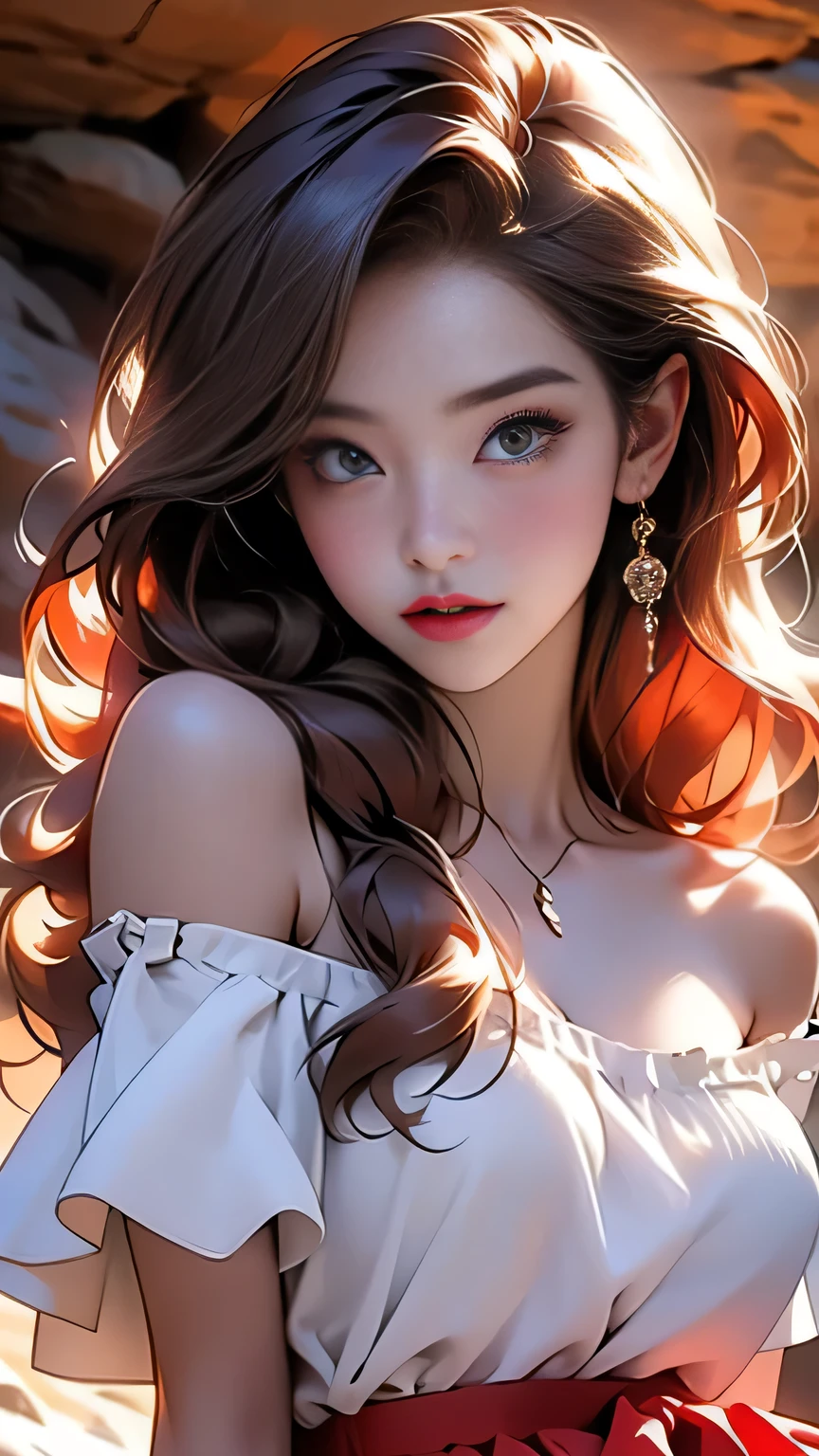 1girl, (White off-shoulder)、(Blue frilled skirt mini)､(Woman with long red hair), ((Skirt lift up))､ (Face close-up)､masterpiece, 最high quality, high quality, High resolution, (In a dimly lit cave), ((Face close-up))