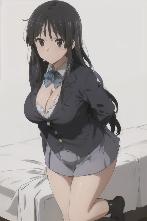 (((View, top view, permanent, bedroom))), (Shy, blush:1.4), (1 Girl, Solitary, ((((Large Breasts、Low-cut，Cleavage, Wide hips,)))(Long legs) (Wide hips)）long hair, Black Hair, skirt, shirt, Blue Blazer, , blue neckband, sock, Gray eyes, black sock, sakuragaoka high school uniform:1.2), (winter:1.2), nail, eye contact, looking at the audience,  (Medium breasts), high quality, Ultra-high resolution, 8K Ultra HD, (best quality:0.8)