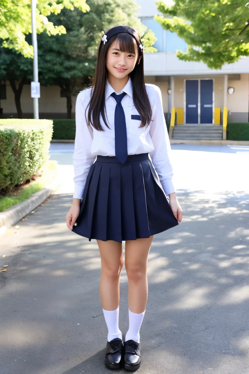 Standing in the schoolyard、Japanese high school girls、Idol、Beautiful、actress、Uniform miling、Full body portrait
