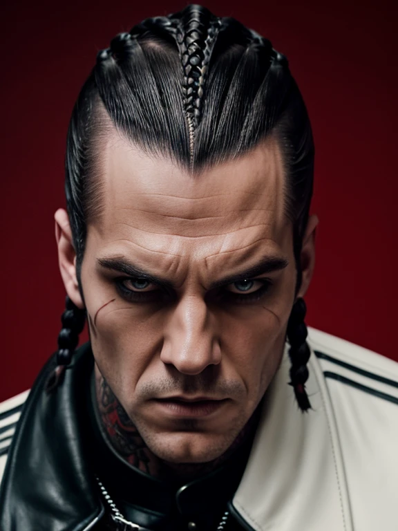1man, assassin vampire, red drip tattoo around eyes, pale white skin, slick back hair with braided sides, full hairline, no wrinkles, facial piercings, black studded leather jacket, looking forward, Hyperrealistic DnD portrait, symmetrical portrait.