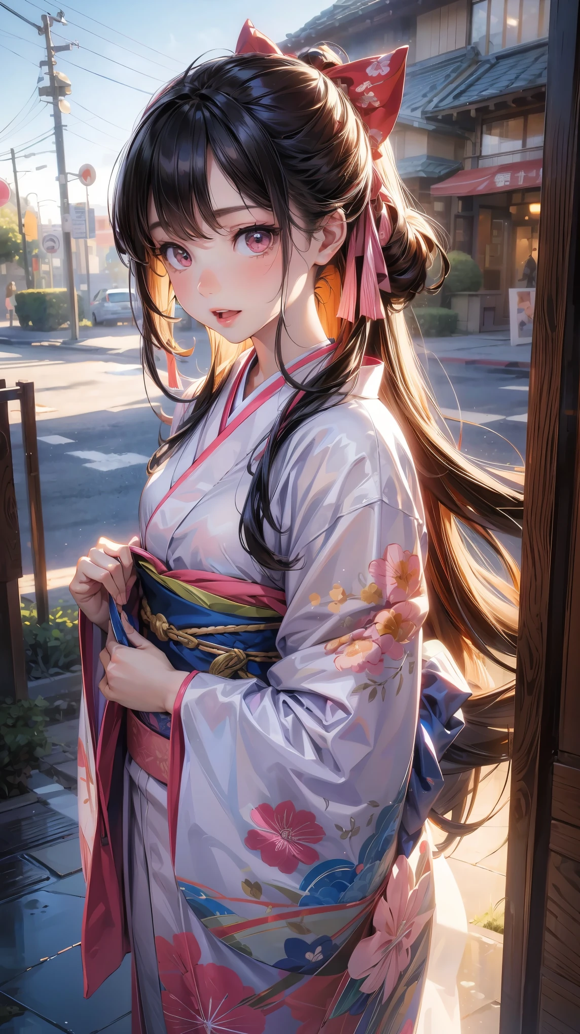 masterpiece, (Reality:1.5), Realistic eyes, Asian woman, best quality, Beautiful Lights, Professional lighting, Photon Mapping, Radiosity, Physically Based Rendering,, Nezuko Kamado, 1 Girl, Black Hair, forehead, hair Ribbon, Japanese clothes, kimono, long hair, Colorful hair, open mouth, pink eyes, pink kimono, pink Ribbon, Ribbon, Smile, very long hair, Sky, ((grown up)),, (original photo, 8K Ultra HD, Film Grain)