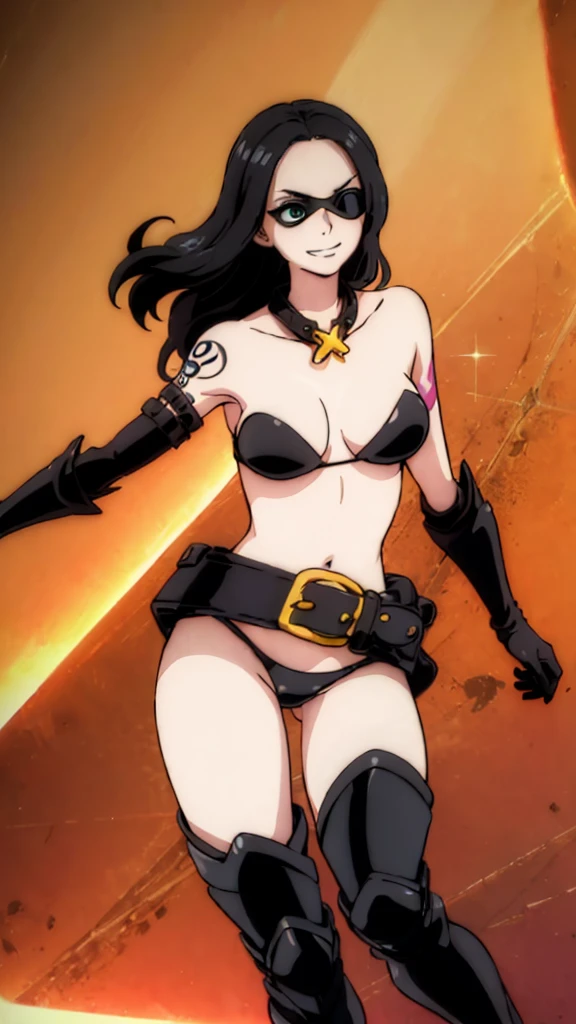 ((highest quality)), ((masterpiece)), (animation illustration), (black bikini, elbow gloves, boots, heroes belt, eye mask), looking at the viewer with a smile, Tattoo on left shoulder, (Floating in the air)