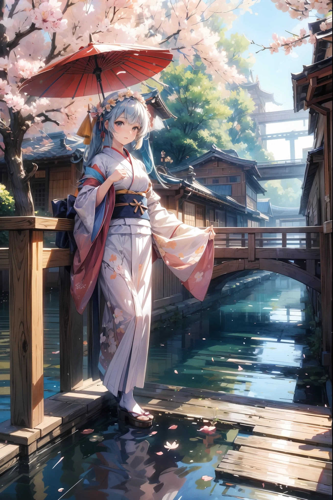 Extremely detailed CG unity 8k wallpaper, Practical, Made by Guido Daniele, wearing kimono_clothing, Wooden bridge, Sakura Gate, wreath,lace-trimmed kimono, Brick Road, Slippery road, Clogs, Two-toed socks