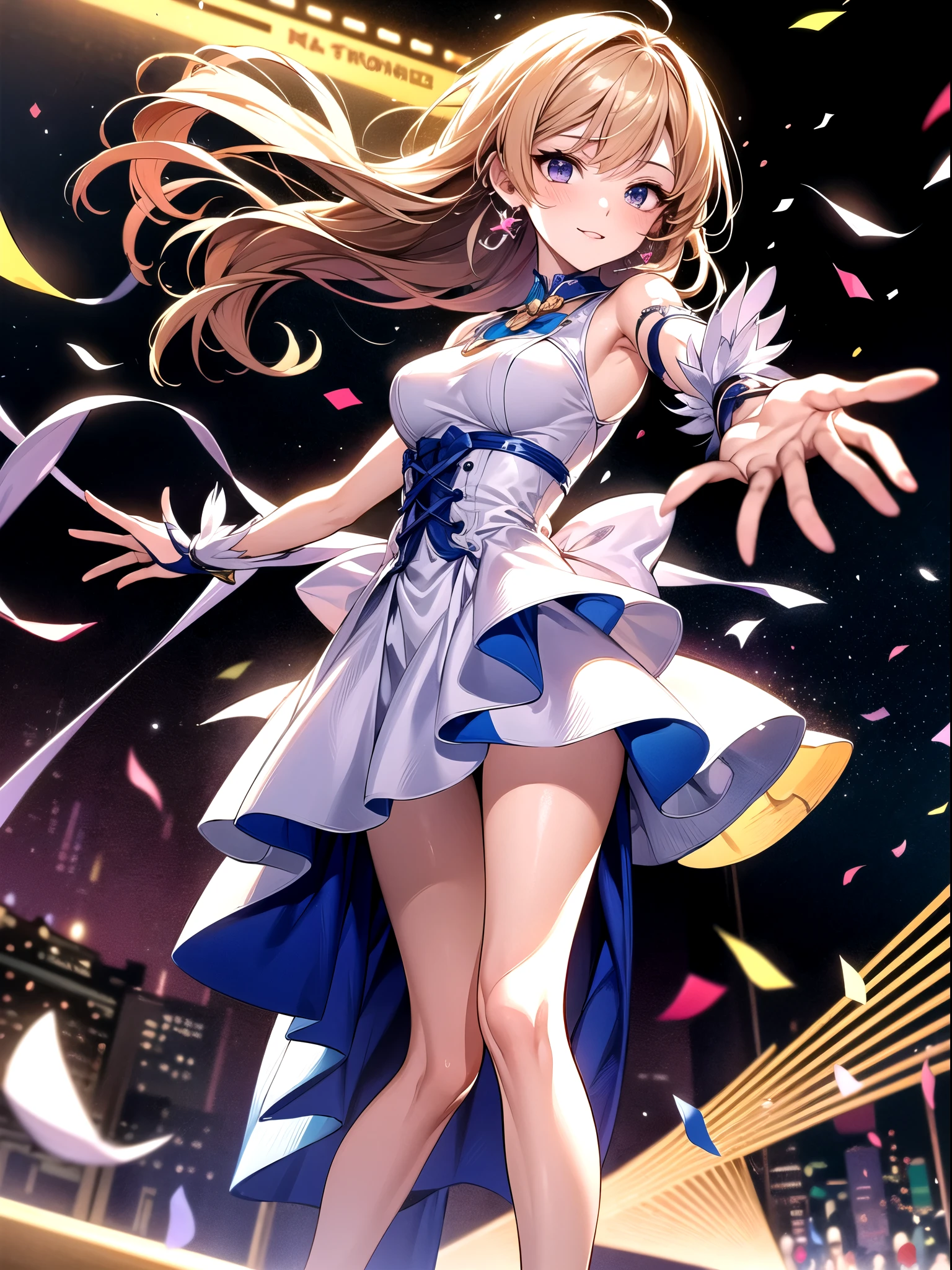 Idol girl in dress dances on stage with confetti, photography:Kamagurka, pixiv contest winners, Concept Art, Night Core, Ink art animation , Shining Magical Girl, best anime 4k konachan wallpaper, Anime cute art style, Detailed key animation art, official art works, Idol master, Lovely, Lovely in dress