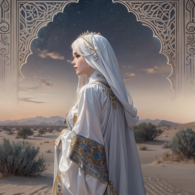 (highest quality、masterpiece、8k、Best image quality、Ultra-high resolution、Award-winning works)、A beautiful white-haired woman watches over us from afar in the desert..., Where the moonlight shines.、Ancient Islamic clothing、Beautiful face drawn in every detail