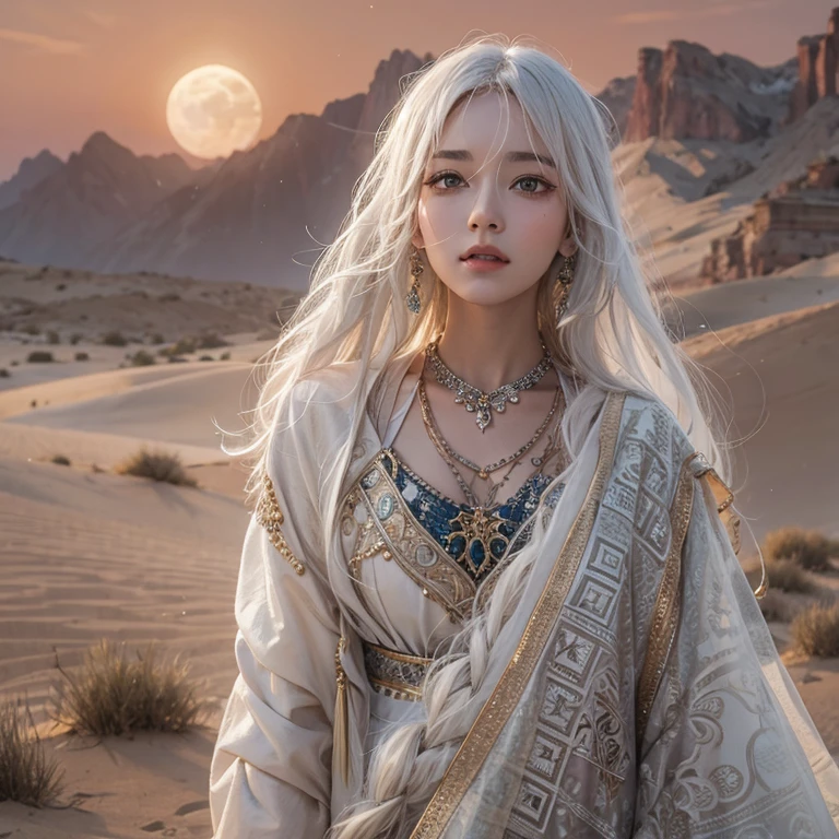 (highest quality、masterpiece、8k、Best image quality、Ultra-high resolution、Award-winning works)、A beautiful white-haired woman watches over us from afar in the desert..., Where the moonlight shines.、Ancient Islamic clothing、Beautiful face drawn in every detail