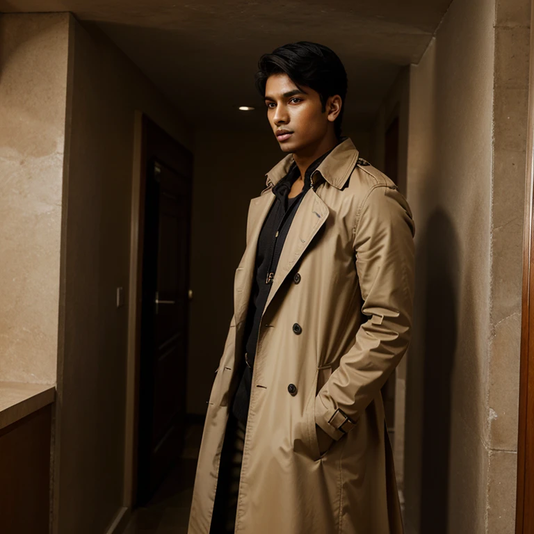 22 years old Bangladeshi male. Fair skin tone. 180cm tall. Wearing a trench coat