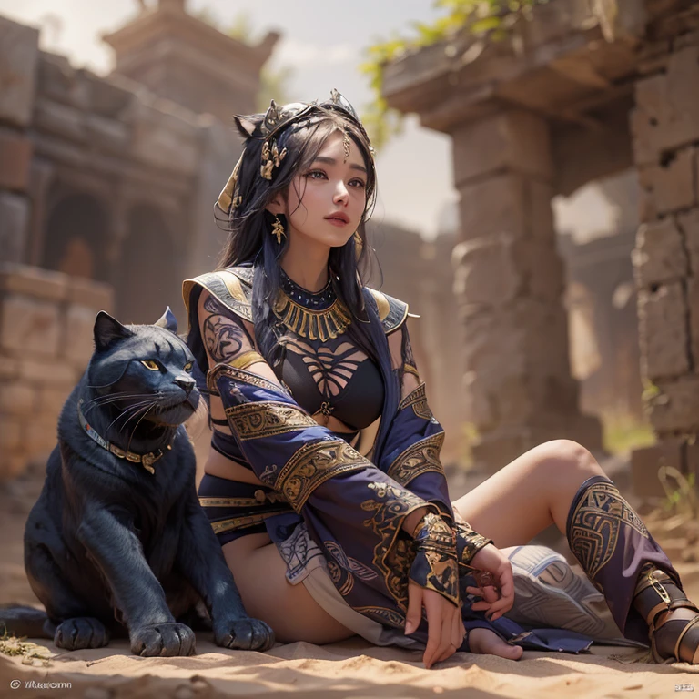Hiding in the desert、Hair flow、 ((highest quality、masterpiece、8k、Best image quality、Ultra-high resolution、Award-winning works)、(Accurate anatomy:1.1)、(Look at me and smile:1.1)、Shining fair skin with Ultra-high resolution、The most detailed face、Ultra-high resolution detailed face、Ultra-high resolutionの髪の毛、(Ultra-high resolutionの煌めく瞳:1.1)、Beautiful face drawn in every detail、(Blurred Background:1.1)、Ancient Islamic clothing, Chest to chest, tattoo, Old ruins in the background、Sitting black panther