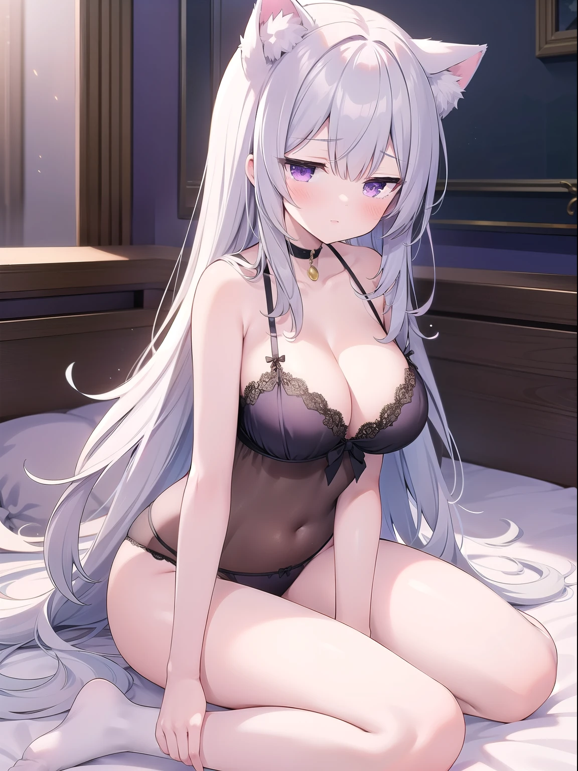 Large Breasts,High resolution,One girl,dojikko,Sitting,Long Hair,Gray Hair,whole body,negligee,Cat ear,Purple Eyes,underwear