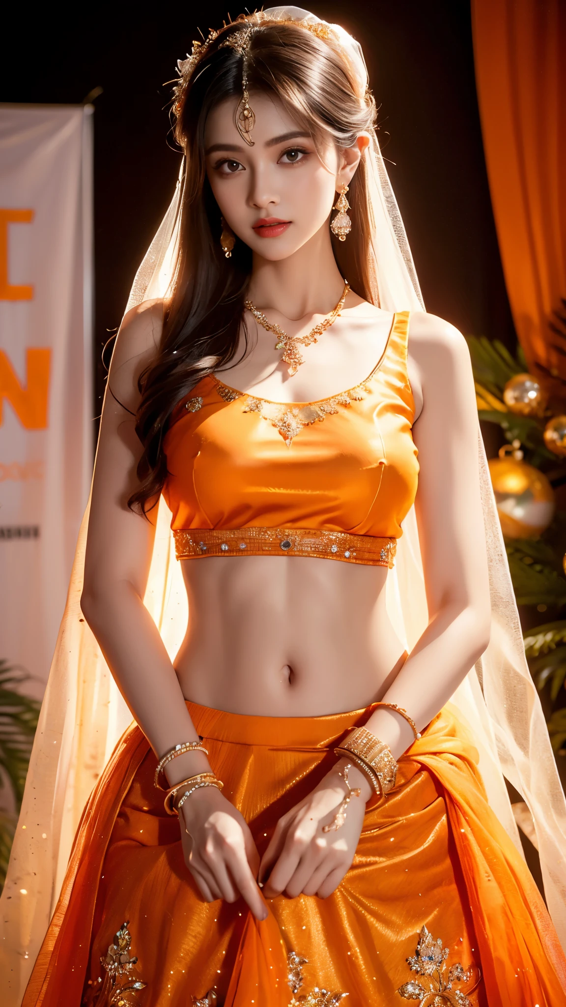 4K, UHD, masterpeice, 1 girl, good face, detailed eyes, detailed lips, very long hair, straight hair, very long hair, beautiful hair, hair ornaments, hairband, gradient hair, ((orange lehenga)), ((bridal lehenga)), ((decorated blouse)), sardine, ((ornament lehenga)), ((orange lace)), ((diamond bracelet)), ((pendant)), Pearl, ornaments, necklace, earring, high lighting, ((bare stomach)), ((in the wedding stage)), orange color, depth of field, ray tracing, ultra realistic detailed,