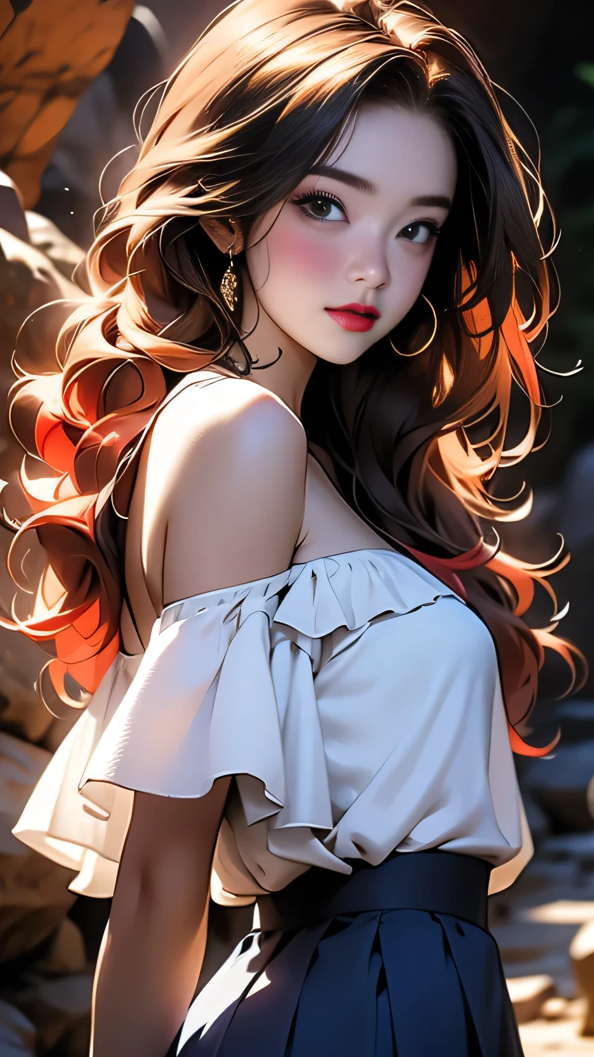 1girl, (White off-shoulder)、(Woman with long red hair), (Blue and yellow frilled skirt mini)､((Skirt lift up))､ (Face close-up)､masterpiece, 最high quality, high quality, High resolution, (In a dimly lit cave), Face close-up
