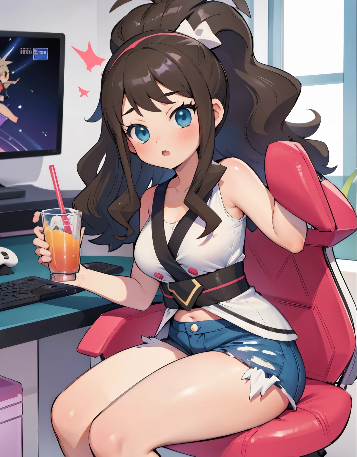 una chica sentada en una silla gamer frente a una computadora, short legs, chubby thighs, ella esta aburrida, she is inside a room full of comics, video juegos y figuras de estilo anime, gamer room, energetic drinks.