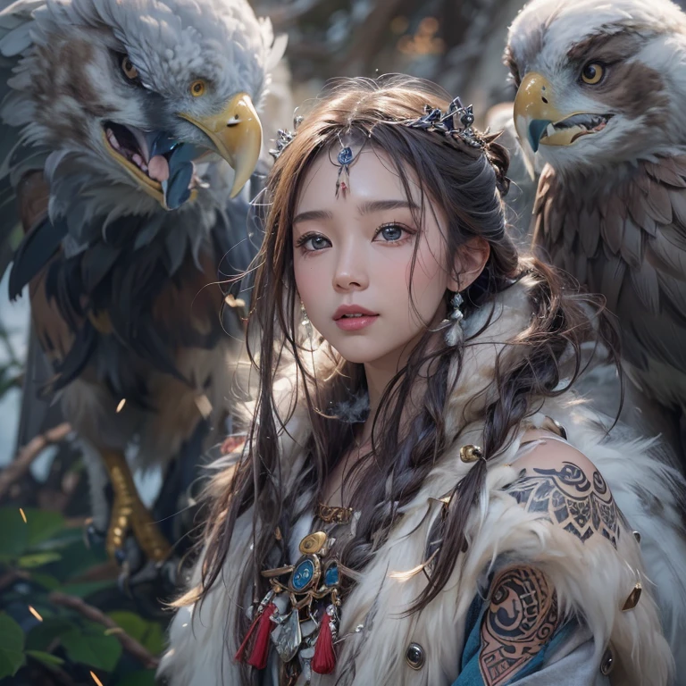 Hiding in the snowy mountains、Hair flow、 ((highest quality、masterpiece、8k、Best image quality、Ultra-high resolution、Award-winning works)、(Accurate anatomy:1.1)、(Look at me and smile:1.1)、Shining fair skin with Ultra-high resolution、The most detailed face、Ultra-high resolution detailed face、Ultra-high resolutionの髪の毛、(Ultra-high resolutionの煌めく瞳:1.1)、Beautiful face drawn in every detail、(Blurred Background:1.1)、Ancient Inuit clothing, Chest to chest, tattoo, Old ruins in the background、Apart from the real giant eagle