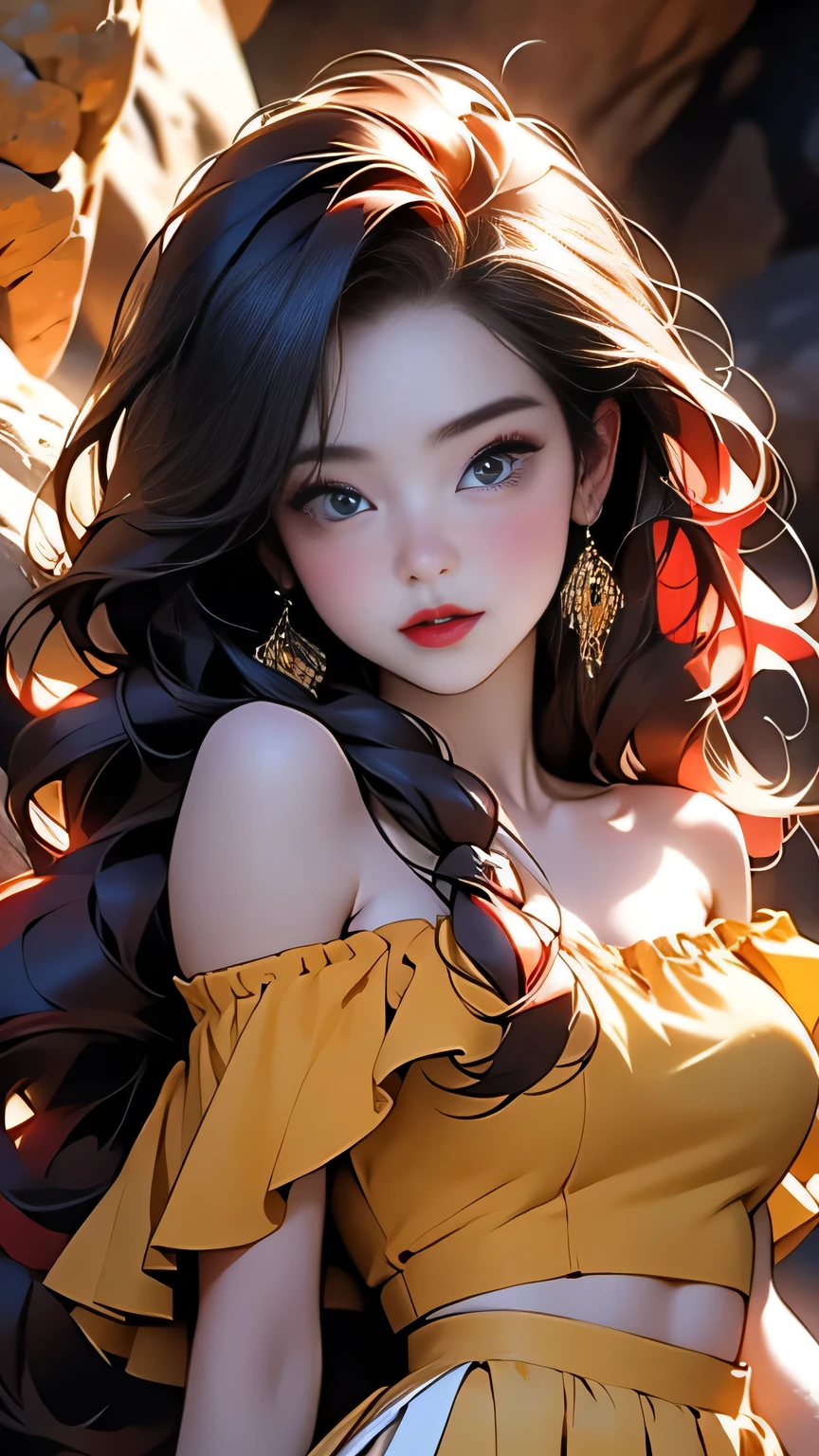 1girl, (White off-shoulder)、(Woman with long red hair), (Blue and yellow frilled skirt mini)､((Skirt lift up))､ (Face close-up)､masterpiece, 最high quality, high quality, High resolution, (In a dimly lit cave), Face close-up