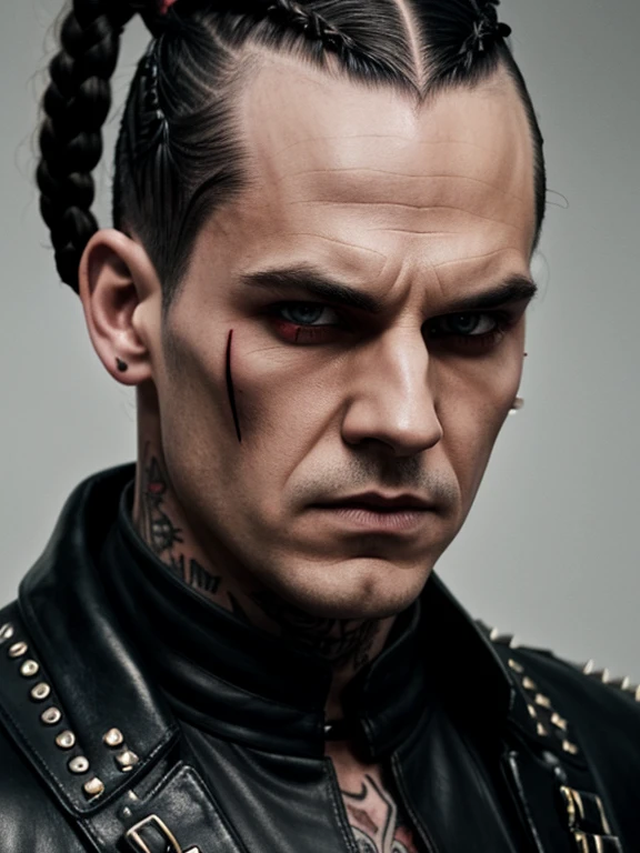 1man, assassin vampire, red paint drip tattoo around eyes, pale white skin, slick back hair with braided sides, full hairline, no wrinkles, facial piercings, black studded leather jacket, looking forward, Hyperrealistic DnD portrait, symmetrical portrait.