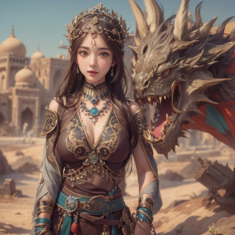 Hiding in the desert、Hair flow、 ((highest quality、masterpiece、8k、Best image quality、Ultra-high resolution、Award-winning works)、(Accurate anatomy:1.1)、(Look at me and smile:1.1)、Shining fair skin with Ultra-high resolution、The most detailed face、Ultra-high resolution detailed face、Ultra-high resolutionの髪の毛、(Ultra-high resolutionの煌めく瞳:1.1)、Beautiful face drawn in every detail、(Blurred Background:1.1)、Ancient Islamic clothing, Chest to chest, tattoo, Old ruins in the background、Other than black real dragons