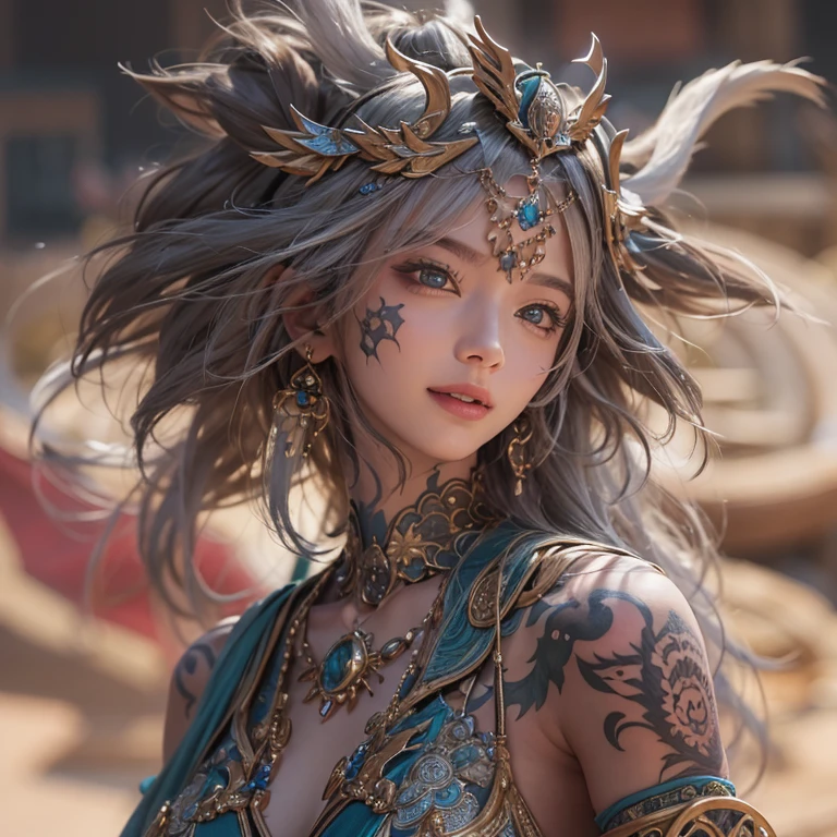 Hiding in the desert、Hair flow、 ((highest quality、masterpiece、8k、Best image quality、Ultra-high resolution、Award-winning works)、(Accurate anatomy:1.1)、(Look at me and smile:1.1)、Shining fair skin with Ultra-high resolution、The most detailed face、Ultra-high resolution detailed face、Ultra-high resolutionの髪の毛、(Ultra-high resolutionの煌めく瞳:1.1)、Beautiful face drawn in every detail、(Blurred Background:1.1)、Ancient Islamic clothing, Chest to chest, tattoo, Old ruins in the background、Other than black real dragons
