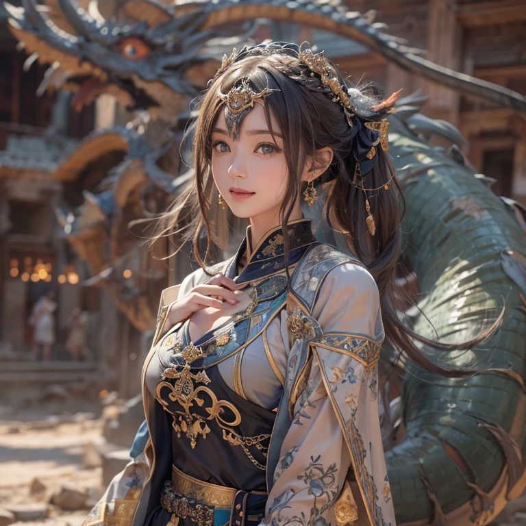 Hiding in the desert、Hair flow、 ((highest quality、masterpiece、8k、Best image quality、Ultra-high resolution、Award-winning works)、(Accurate anatomy:1.1)、(Look at me and smile:1.1)、Shining fair skin with Ultra-high resolution、The most detailed face、Ultra-high resolution detailed face、Ultra-high resolutionの髪の毛、(Ultra-high resolutionの煌めく瞳:1.1)、Beautiful face drawn in every detail、(Blurred Background:1.1)、Ancient Islamic clothing, Chest to chest, tattoo, Old ruins in the background、Other than black real dragons