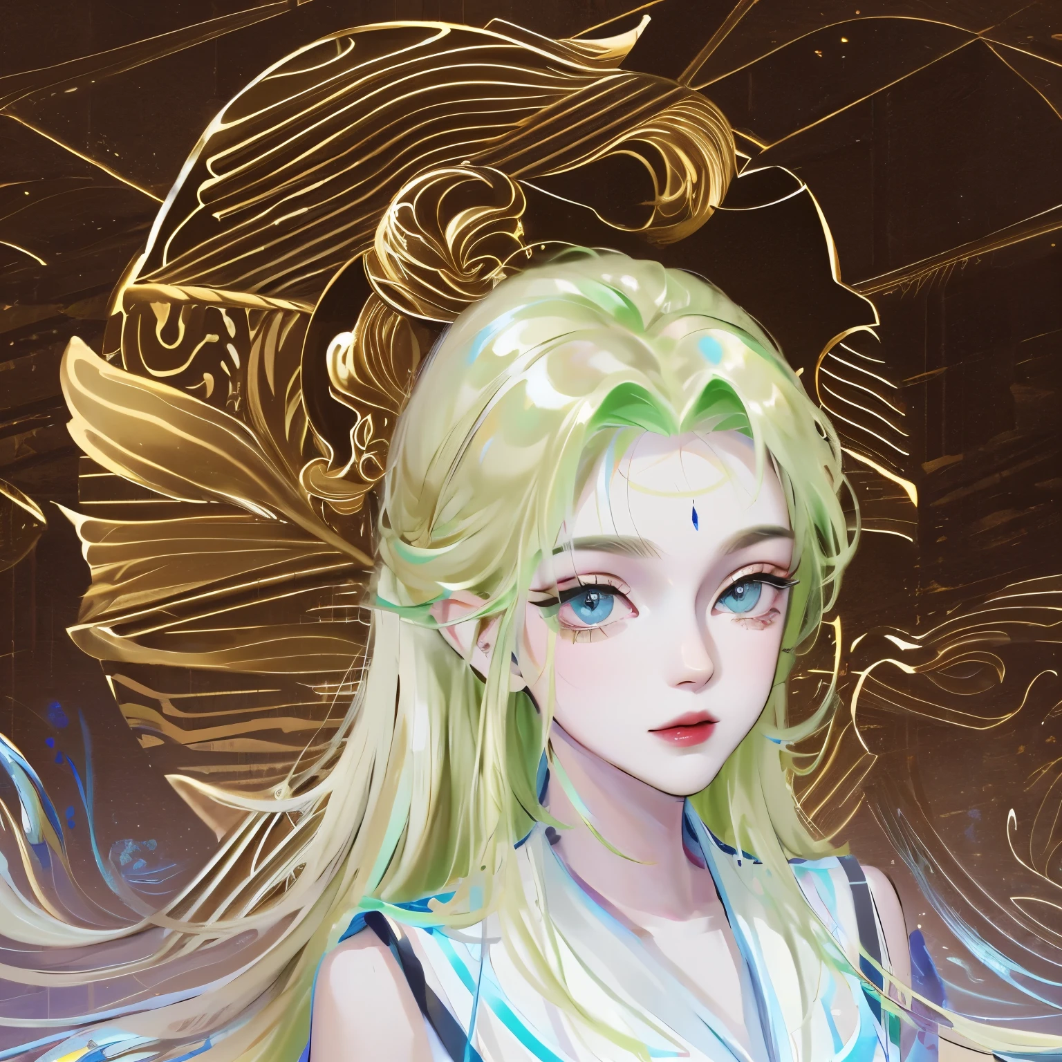 (((absurd))), (((best quality))), portrait, The art of math, (Popular on artstation), ((1 Girl)), ((Green shiny eyes)), Star Eyes, beautiful, (Long beige blonde hair), (((Greek clothing))):0.9.