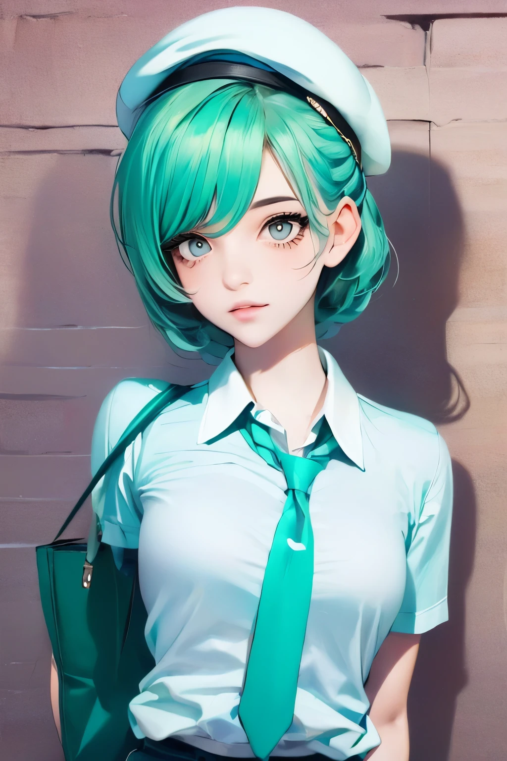 1girl, (bags under eyes:1.5), mint green hair, twin_braid, white beret, white shirt, flower necktie