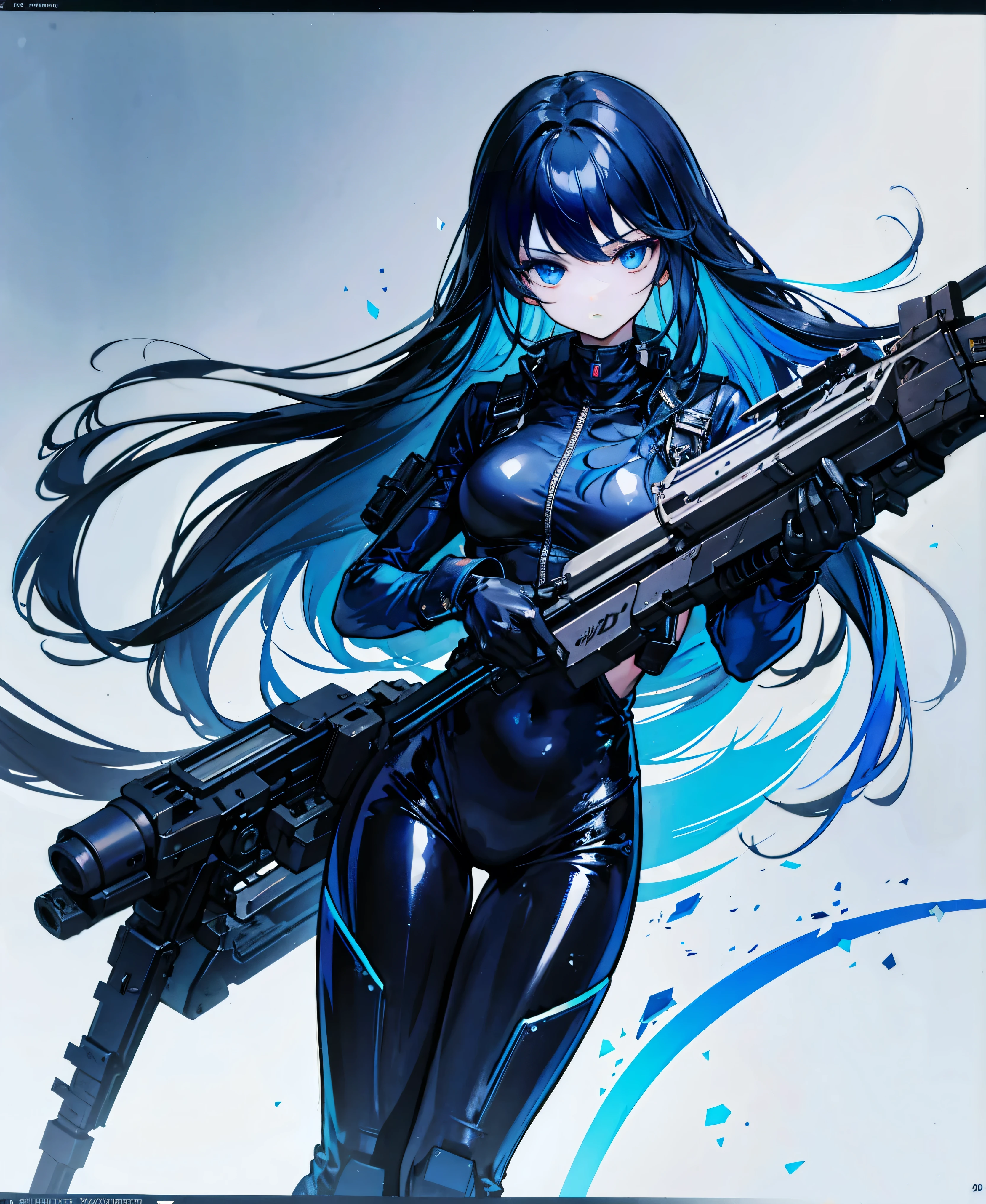 There is no background,girl,Carry a firearm,Patent leather tight suit,Use of firearms,Navy blue long hair,attention arousal,Blue colored eyes,No gradients