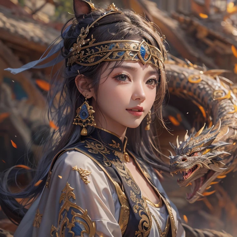 Hiding in the desert、Hair flow、 ((highest quality、masterpiece、8k、Best image quality、Ultra-high resolution、Award-winning works)、(Accurate anatomy:1.1)、(Look at me and smile:1.1)、Shining fair skin with Ultra-high resolution、The most detailed face、Ultra-high resolution detailed face、Ultra-high resolutionの髪の毛、(Ultra-high resolutionの煌めく瞳:1.1)、Beautiful face drawn in every detail、(Blurred Background:1.1)、Ancient Islamic clothing, Chest to chest, tattoo, Old ruins in the background、Other than black real dragons