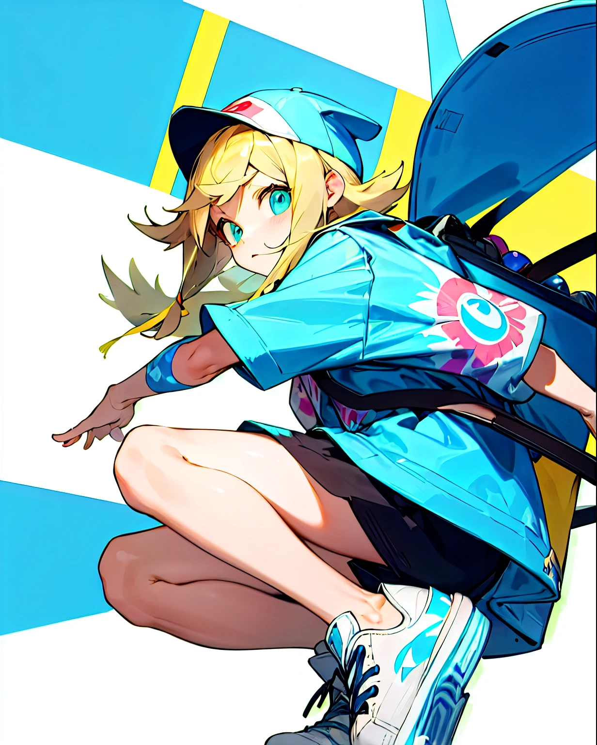 Pokemon style drawing.  cabelo castanho claro, cabelo liso, olhos escuros. Jaqueta turquesa, short azul, white sneakers. Com mochila tye dye.