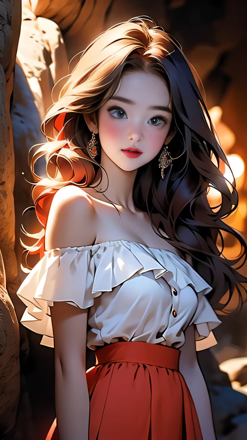 1girl, (White off-shoulder)、(Woman with long red hair), (Blue and yellow frilled skirt mini)、((Skirt lift up))、 (Upper body portrait)、masterpiece, 最high quality, high quality, High resolution, (In a dimly lit cave),