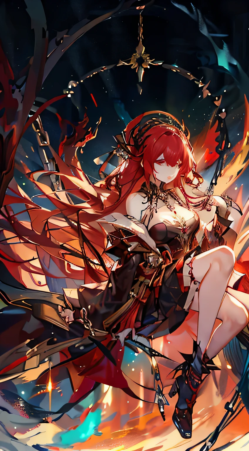 Vampire Girl,Crimson gradient hair,Red Moon,Blood Magic,Gothic,Skyscraper,chain,Gothic Clothing,cross,necklace,ring,High heel,8k