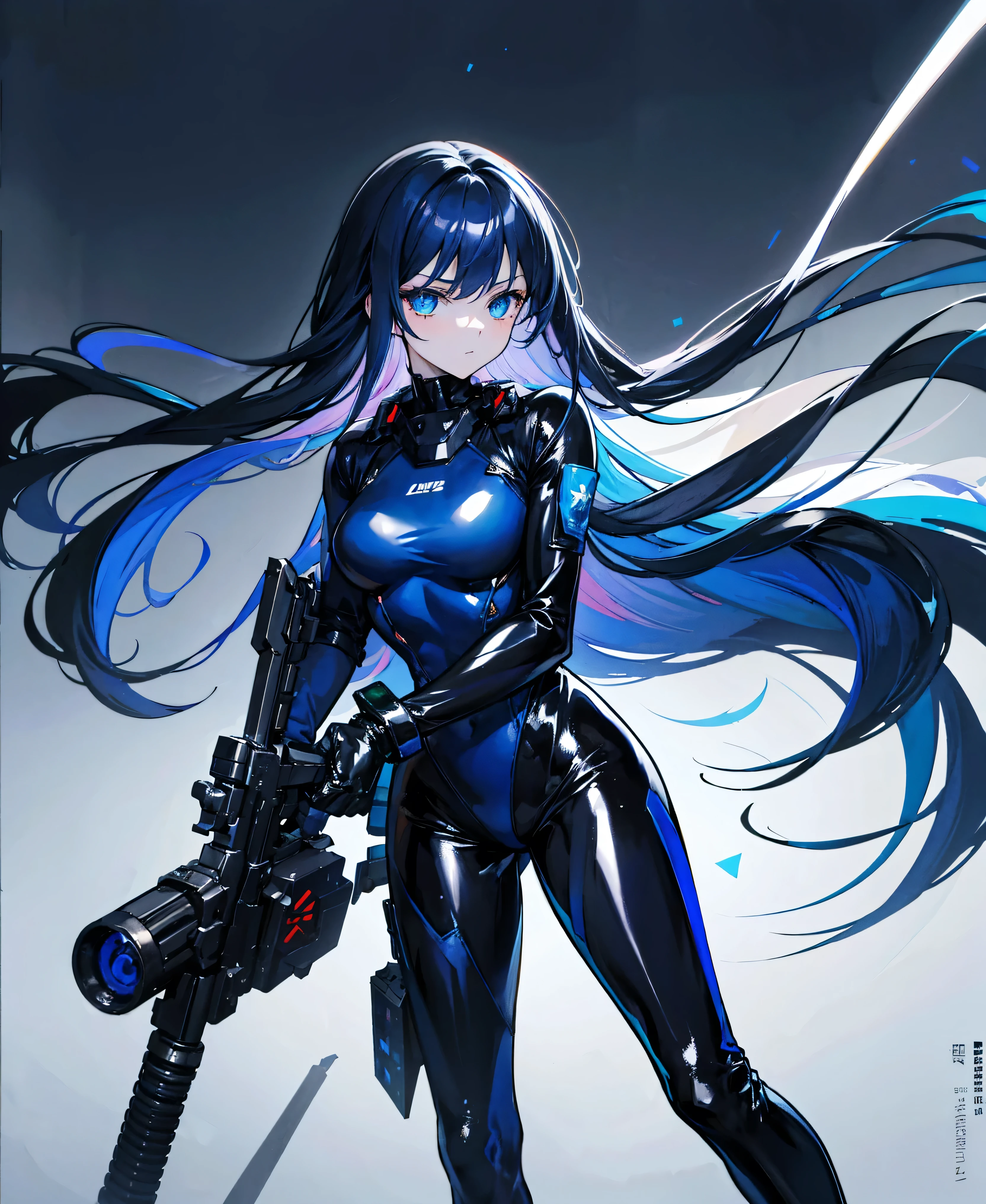 There is no background,girl,Carry a firearm,Patent leather tight suit,Use of firearms,Navy blue long hair,attention arousal,Blue colored eyes,No gradients