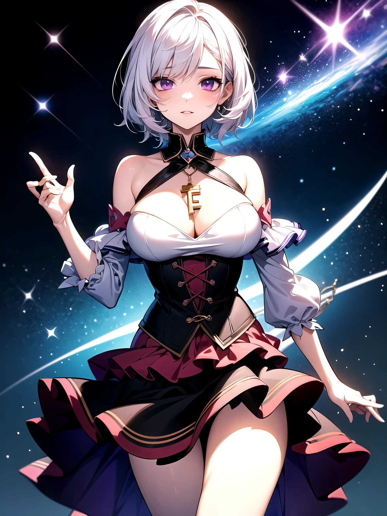 a Idol girl in dress, white hair, purple eyes, Pixiv Contest Winner, conceptual art, nightcore, sparkling magical girl, best anime 4k konachan wallpaper, anime moe art style, Detailed key anime art, official artwork, ((short hair)), big breast, ((layered skirt))