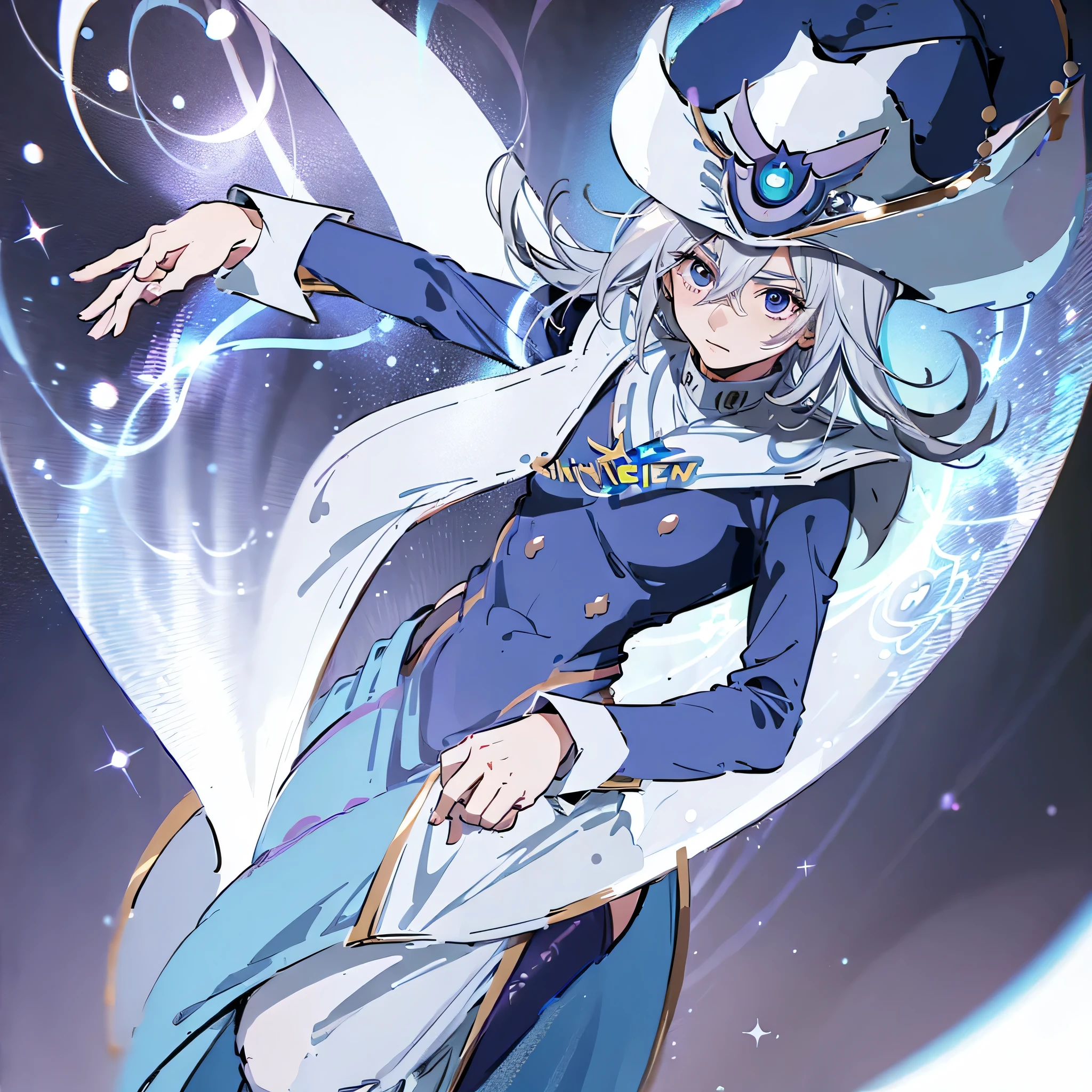 ((silent magician as a Boy:1.7))、Silver Hair、Purple Eyes、Silver and purple outfit、smile、cool、((solo, 1boy:1.1))、Blue Witch Hat、gloves、bootagic Background、Dynamic pose、high quality、Very detailed、High Ethicasterpiece、