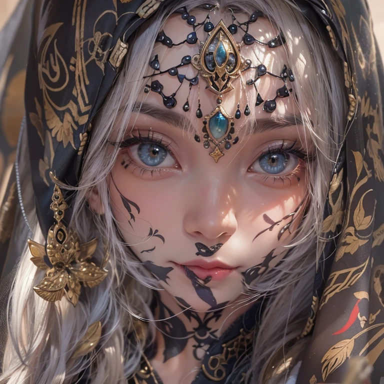 Hiding in the desert、Hair flow、 ((highest quality、masterpiece、8k、Best image quality、Ultra-high resolution、Award-winning works)、(Accurate anatomy:1.1)、(Look at me and smile:1.1)、Shining fair skin with Ultra-high resolution、The most detailed face、Ultra-high resolution detailed face、Ultra-high resolution hair、(Ultra-high resolutionのeyes :1.1)、Beautiful face drawn in every detail、(Blurred Background:1.1)、Ancient Islamic clothing, Chest to chest, tattoo, Old ruins in the background、Black leopard