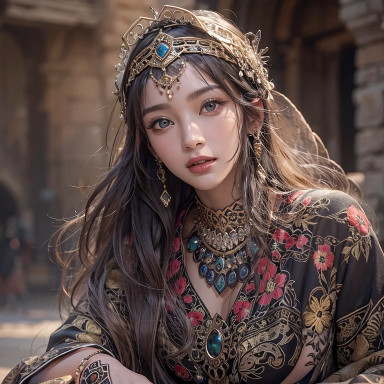 Hiding in the desert、Hair flow、 ((highest quality、masterpiece、8k、Best image quality、Ultra-high resolution、Award-winning works)、(Accurate anatomy:1.1)、(Look at me and smile:1.1)、Shining fair skin with Ultra-high resolution、The most detailed face、Ultra-high resolution detailed face、Ultra-high resolution hair、(Ultra-high resolutionのeyes :1.1)、Beautiful face drawn in every detail、(Blurred Background:1.1)、Ancient Islamic clothing, Chest to chest, tattoo, Old ruins in the background、Black leopard