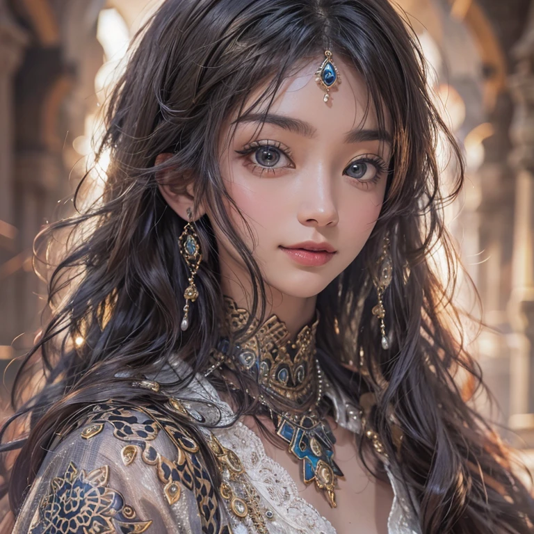 Hiding in the desert、Hair flow、 ((highest quality、masterpiece、8k、Best image quality、Ultra-high resolution、Award-winning works)、(Accurate anatomy:1.1)、(Look at me and smile:1.1)、Shining fair skin with Ultra-high resolution、The most detailed face、Ultra-high resolution detailed face、Ultra-high resolution hair、(Ultra-high resolutionのeyes :1.1)、Beautiful face drawn in every detail、(Blurred Background:1.1)、Ancient Islamic clothing, Chest to chest, tattoo, Old ruins in the background、Black leopard