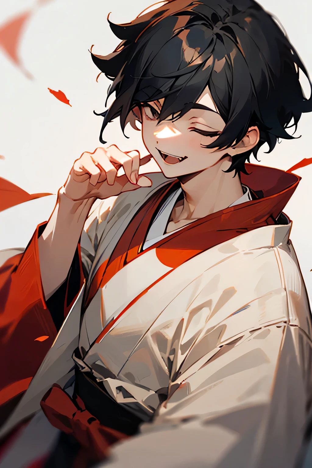 Eyes closed。The mouth is smiling and has fangs。
Fair skin, short black hair。A handsome man wearing a red kimono。