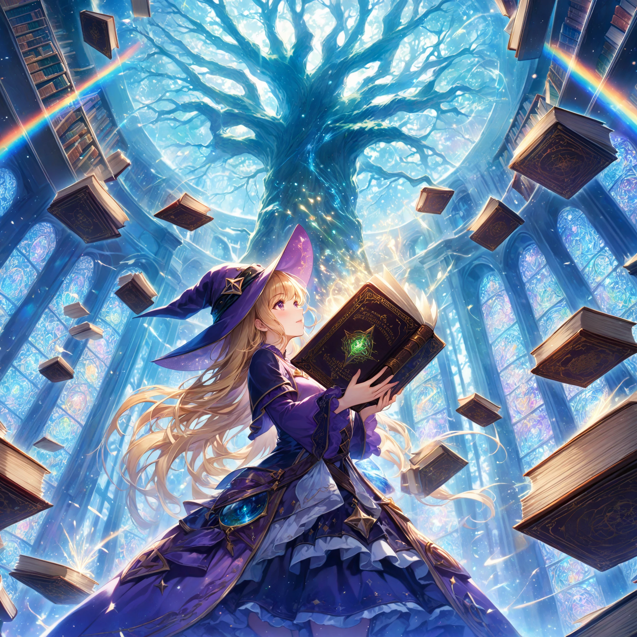 masterpiece, best quality, high resolution, extremely detailed CG, absurdres, 1girl, solo, In a magical space, behind the vertical inlaid glass windows is the huge and ancient Tree of Wisdom, multiple bookcases are floating in the air, a blonde twinailed girl wearing a witch hat stands in the middle of the room in a purple costume, she opening her hands, in front of her is a heavy book, the pages of which are turning and glowing with light, and glowing magical words are flying out of it, and the books are floating around her in an orderly manner. The pages are turning and glowing, glowing magical words are flying out of the book, and many books are floating around her in an orderly fashion, (((best hands))), score_9, score_8_up, score_7_up, source_anime