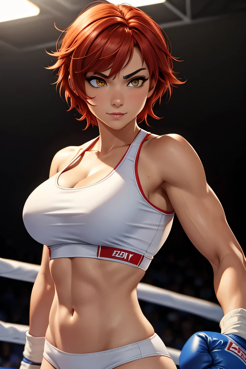 girl, red hair, short hair, medium hair, yellow eyes, athletic body, cleavage, muscular, white tank top, smilling, sure, fighter, gloves, brown skintone, thick brows, ahoge, white cotton panties, messy hair, tanned skin, boxing ring