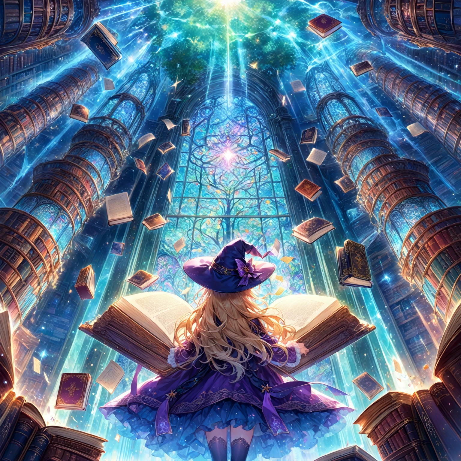 masterpiece, best quality, high resolution, extremely detailed CG, absurdres, 1girl, solo, In a magical space, behind the vertical inlaid glass windows is the huge and ancient Tree of Wisdom, multiple bookcases are floating in the air, a blonde twinailed girl wearing a witch hat stands in the middle of the room in a purple costume, she opening her hands, in front of her is a heavy book, the pages of which are turning and glowing with light, and glowing magical words are flying out of it, and the books are floating around her in an orderly manner. The pages are turning and glowing, glowing magical words are flying out of the book, and many books are floating around her in an orderly fashion, (((best hands))), score_9, score_8_up, score_7_up, source_anime