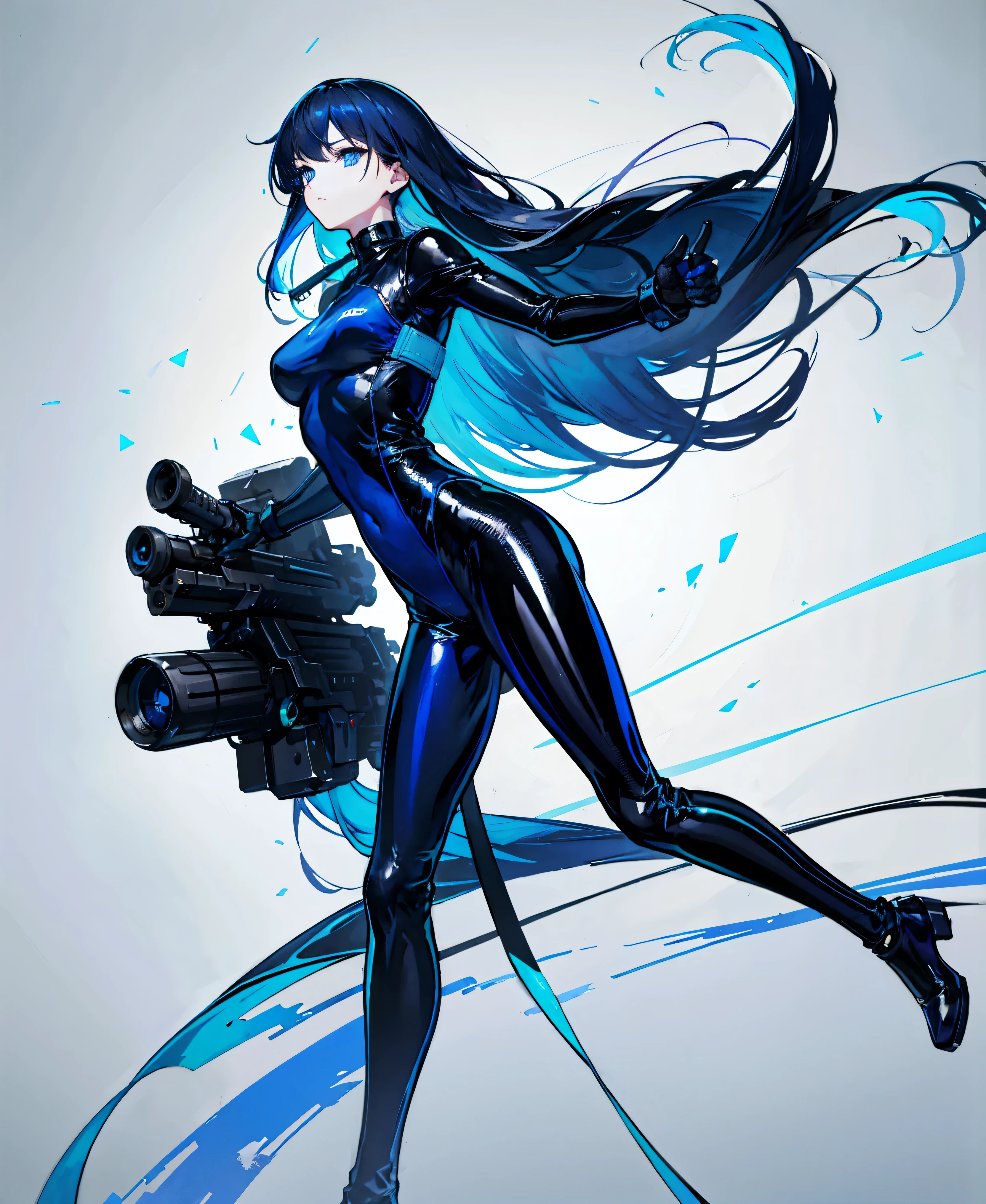There is no background,girl,Carry a firearm,Patent leather tight suit,Use of firearms,Navy blue long hair,attention arousal,Blue colored eyes,No gradients