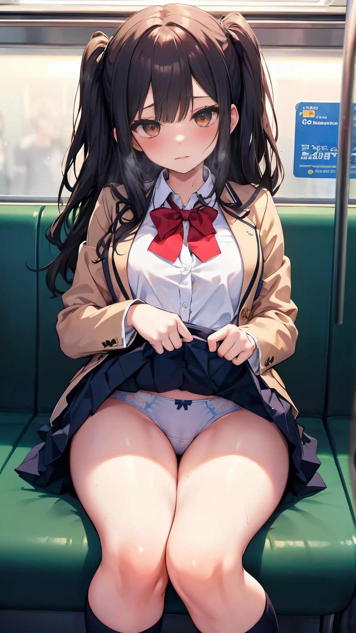 NSFW,4K,Gal:1.3,Anatomically correct,school uniform:1.3,A pure and innocent girl, Very cute face, Like an idol, (masterpiece:1.2), (high quality), panties, loose socks, Hip, Blue Skirt, alone, Blazer Type, loose socks, Lifting clothes, Brown eyes, pure gaze, mini skirt, Lift yourself up, Check skirt, blush,((Mid-chest)), (Sweating profusely), Long Hair, physical education, Beautiful legs, ((in the train))