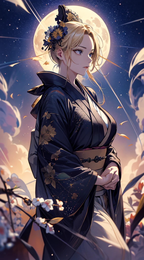 masterpiece, high quality, 4K, Beautiful design, silhouette,blonde, 非常に詳細な夜のStarry Sky,Flower Field, wonderful, Finer details, Very knowledgeable woman, Highly detailed solo, 1 female,Beautiful Eyes,I like rumors,Big Breasts,kimono,Night view,Starry Sky,full moon,
