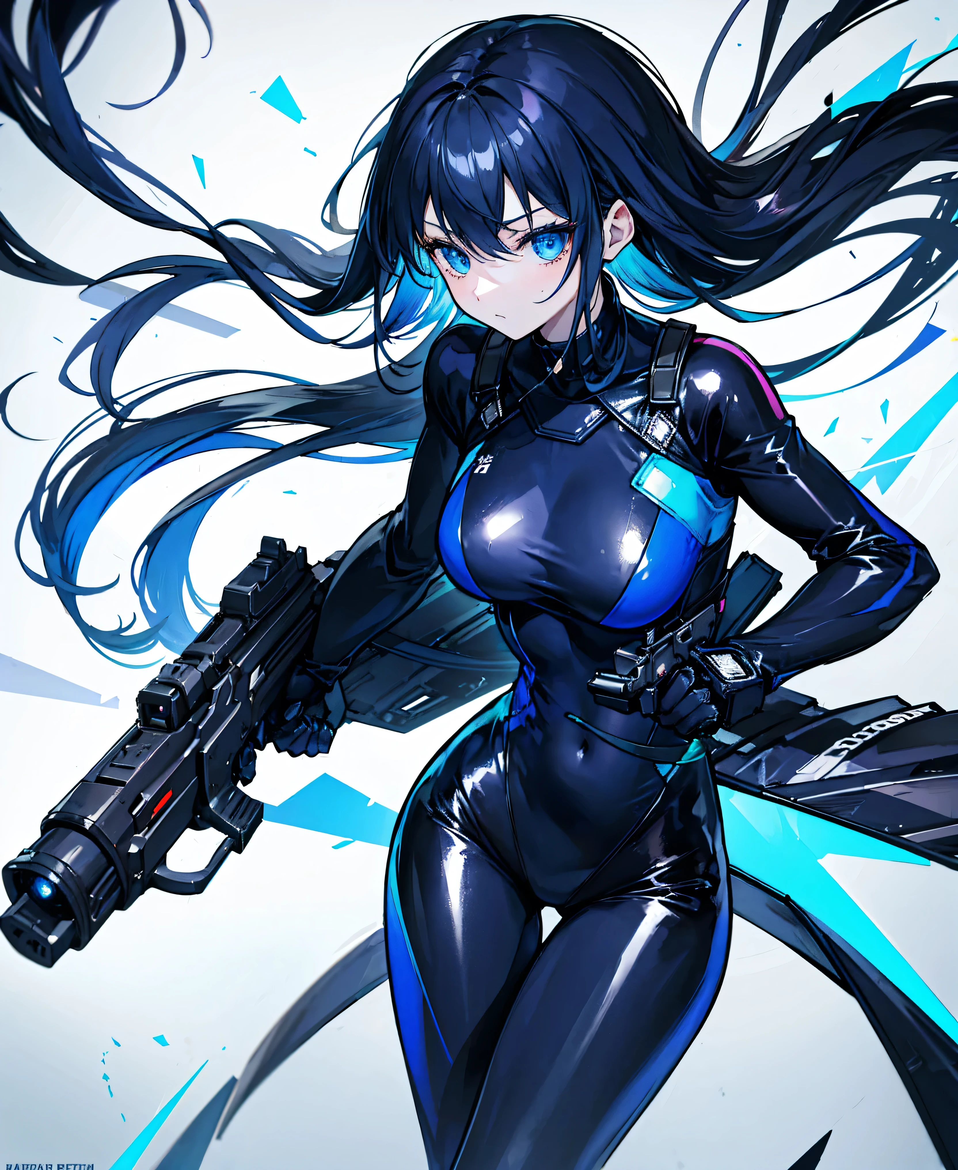 There is no background,girl,Carry a firearm,Patent leather tight suit,Use of firearms,Navy blue long hair,attention arousal,Blue colored eyes,No gradients