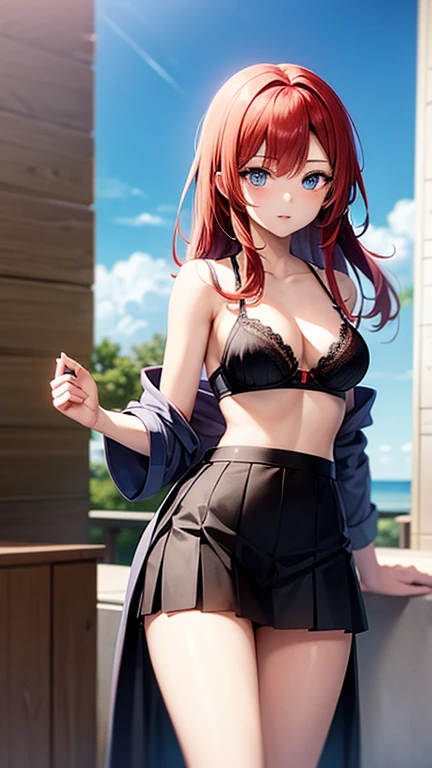 anime girls with red hair and blue eyes wearing a skirt and an open shirt revealing a black bra