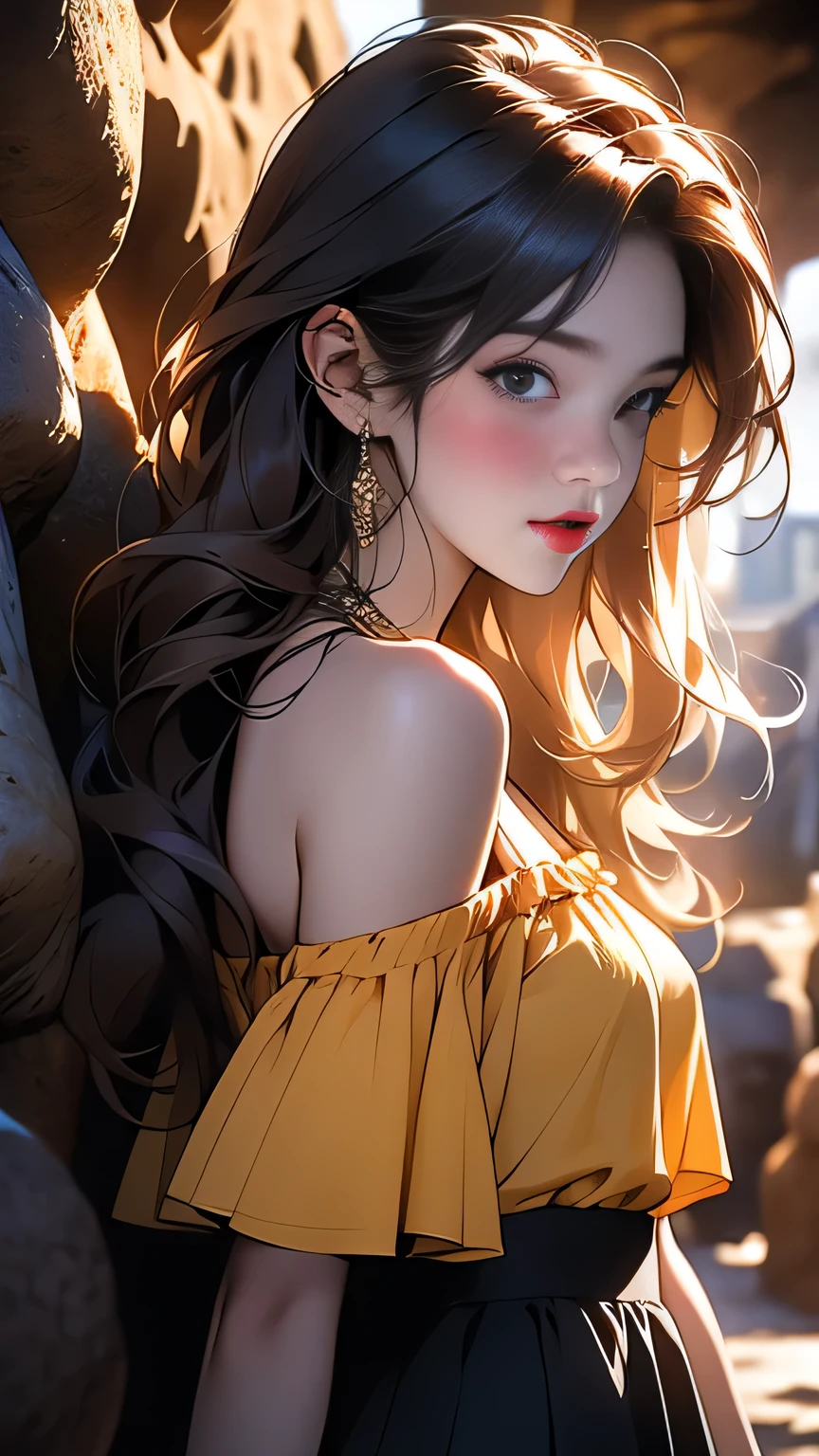 1girl, White off-shoulder、Woman with long red hair, Blue and yellow frilled skirt mini、Skirt lift up、 Street view, (Upper body portrait)、masterpiece, 最high quality, high quality, High resolution, (In a dimly lit cave),