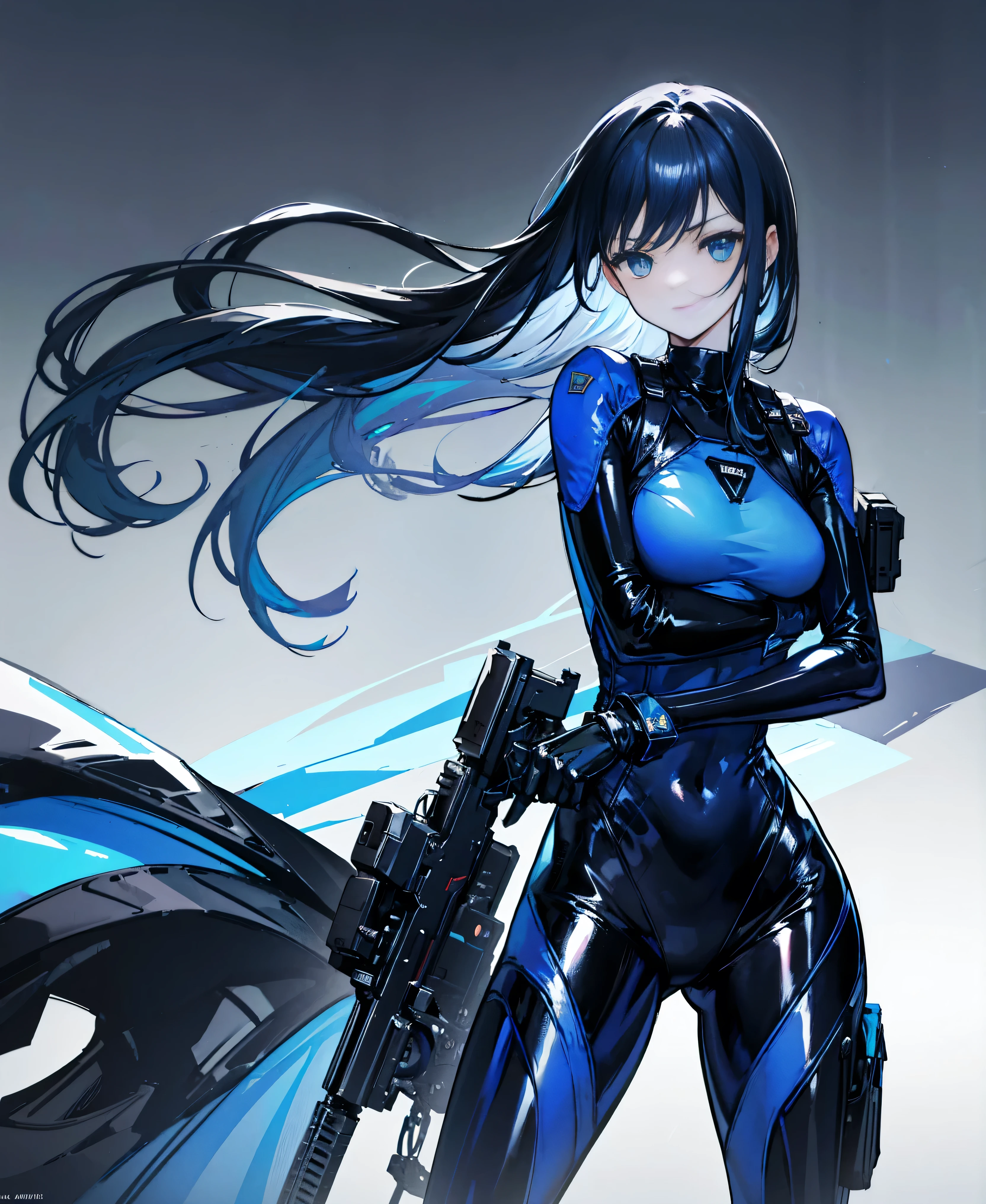 There is no background,girl,Carry a firearm,Patent leather tight suit,Use of firearms,Navy blue long hair,attention arousal,Blue colored eyes,No gradients