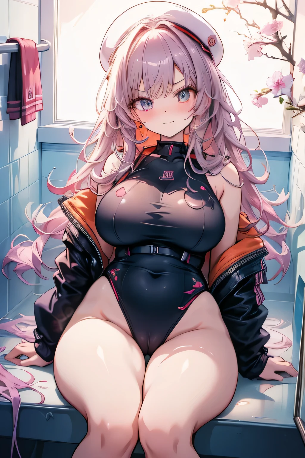 Erotic Anime Illustration、highest quality、Voluptuous female idol、Perfect proportions、Smirk、Weakness、Relaxation、Sex Appeal、Dim bathroom、Floating in the bathtub、Lying on your back、Completely naked、Cowboy Shot、Very large breasts、Gravure magazine cover、Heading、Stylish fonts、Exposing the vagina、Exposing the nipples、Spread your legs、Blushing、Intense orgasm、Breathe heavily
